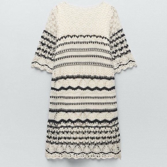 Zara Ivory Black Stripe Crochet Knit Short Sleeve Mini Dress Blogger Fav - Picture 7 of 9